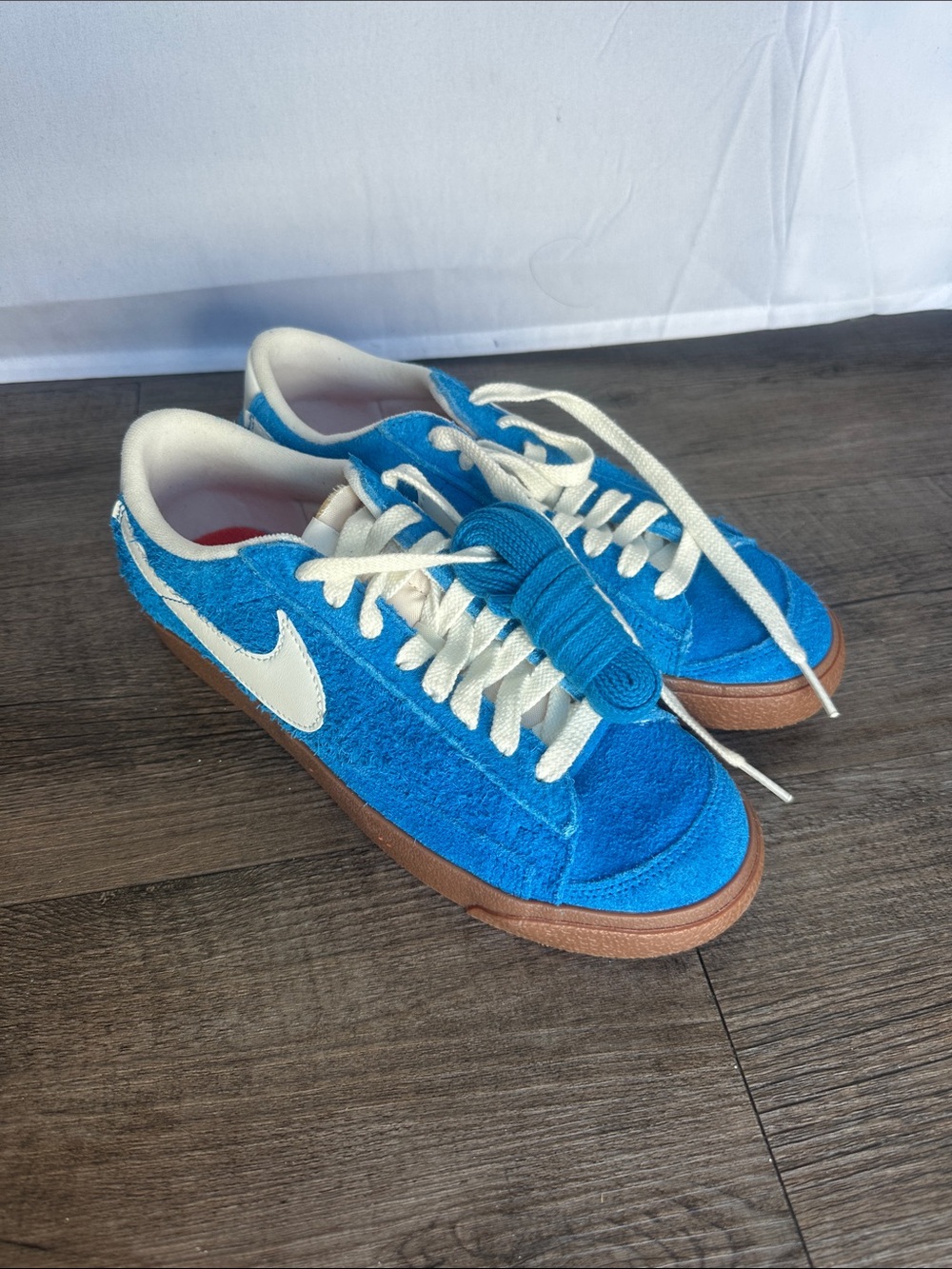 Nike Kids Blue Suede Sneakers with White Swoosh and Gum Outsole